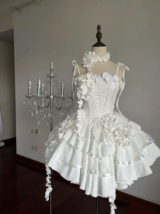 Whimsical White Spaghetti Straps 3D Rose A Line Short Homecoming Dress Birthday Dress AS3424