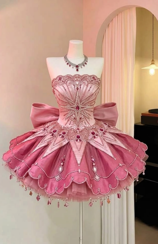 Unique Pink Strapless Star Rhinestone Beaded Bow A Line Short Homecoming Dress Birthday Dress AS3426