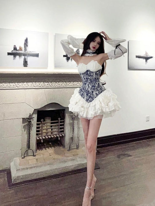 Chic Blue White Floral Print Strapless Sweetheart Corset Detachable Off Shoulder Long Sleeve A Line Short Homecoming Dress Birthday Dress AS3428