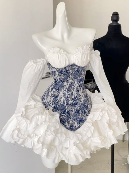 Chic Blue White Floral Print Strapless Sweetheart Corset Detachable Off Shoulder Long Sleeve A Line Short Homecoming Dress Birthday Dress AS3428
