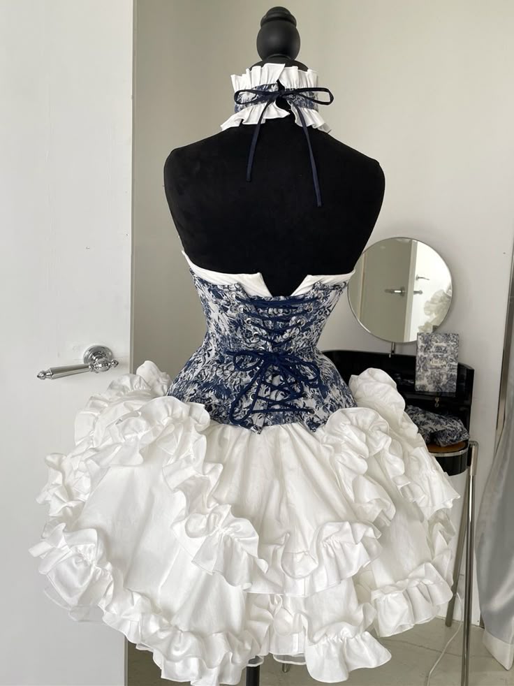 Chic Blue White Floral Print Strapless Sweetheart Corset Detachable Off Shoulder Long Sleeve A Line Short Homecoming Dress Birthday Dress AS3428