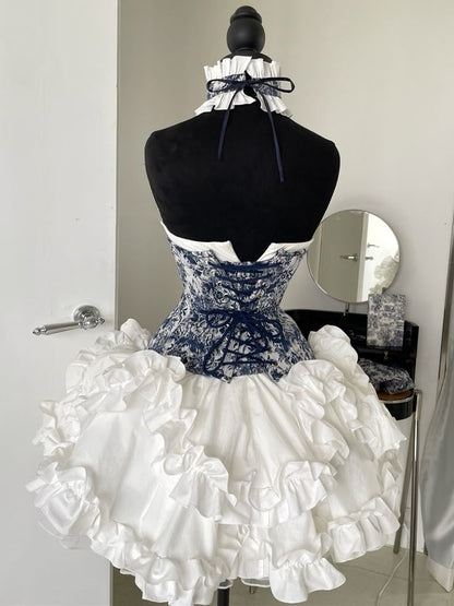 Chic Blue White Floral Print Strapless Sweetheart Corset Detachable Off Shoulder Long Sleeve A Line Short Homecoming Dress Birthday Dress AS3428