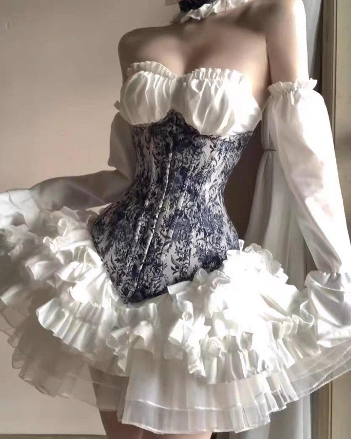 Chic Blue White Floral Print Strapless Sweetheart Corset Detachable Off Shoulder Long Sleeve A Line Short Homecoming Dress Birthday Dress AS3428