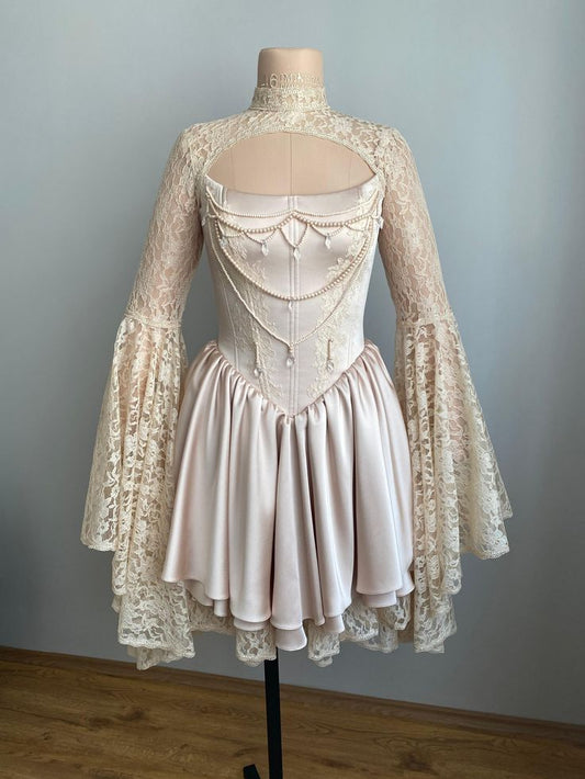 Vintage Pink High Neck Lace Bell Long Sleeve Pearl Chain Corset A Line Short Homecoming Dress Birthday Dress AS3429