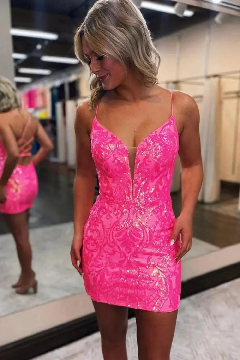 Stunning Hot Pink Spaghetti Straps Lace Up Tight Glitter Homecoming Dress AS343