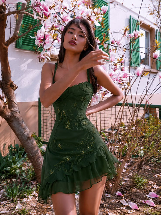 Glam Emerald Green Spaghetti Straps Floral Appliques A Line Short Homecoming Dress Birthday Dress AS3430