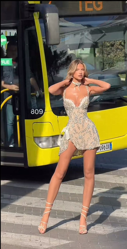 Dazzling Nude Spaghetti Straps Rhinestone Beaded Bow Slit Bodycon Short Homecoming Dress Birthday Dress AS3435