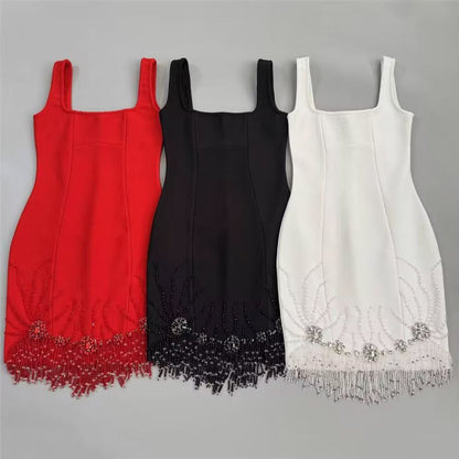 Glam Red Square Neck Strap Beaded Fringe Bodycon Short Homecoming Dress Birthday Dress AS3438