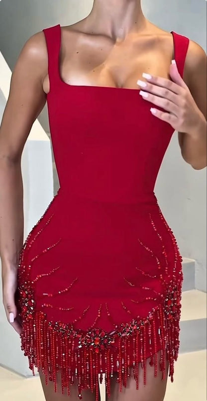 Glam Red Square Neck Strap Beaded Fringe Bodycon Short Homecoming Dress Birthday Dress AS3438