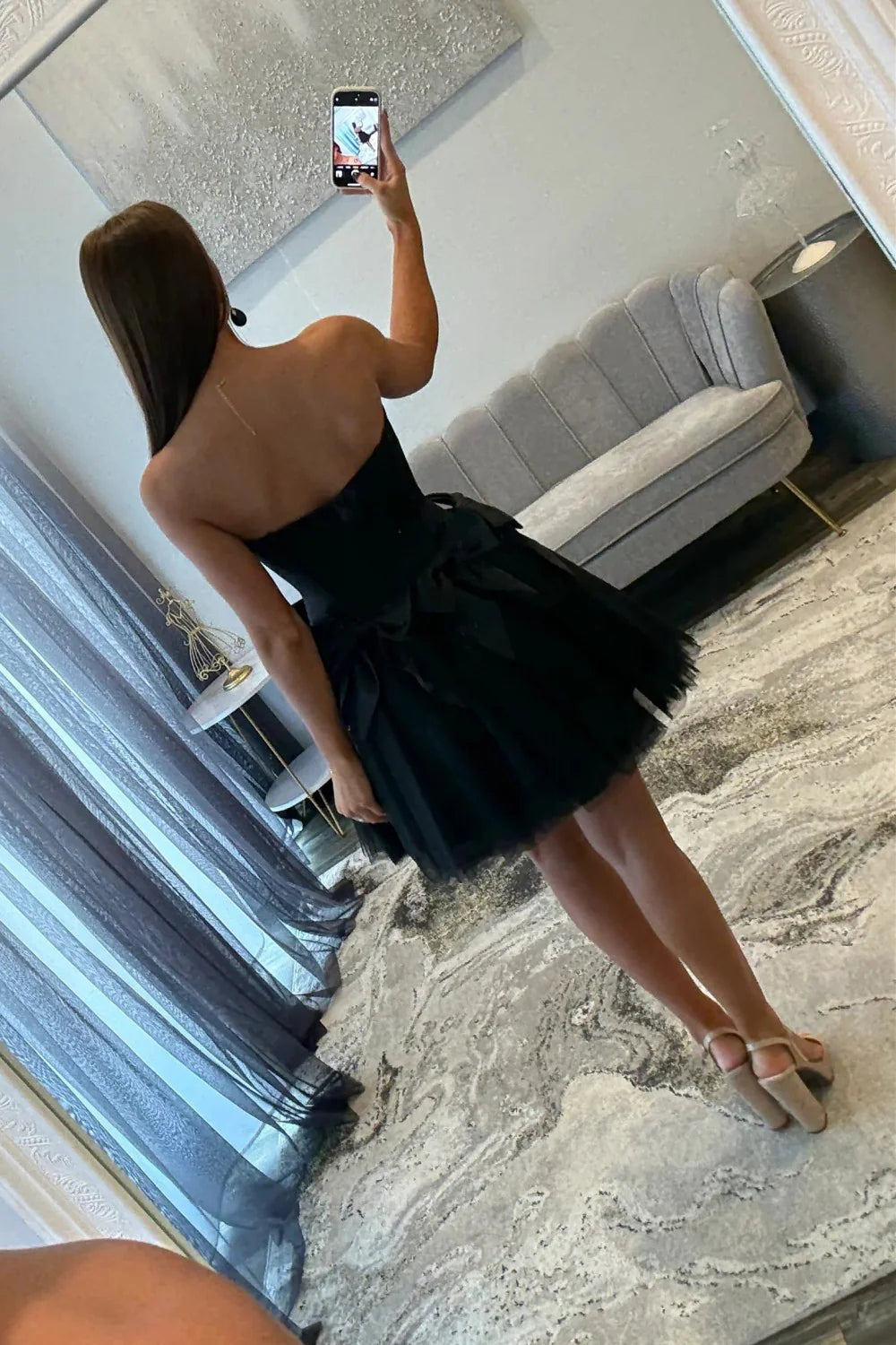 Black Strapless Corset Homecoming Dress With Tulle Skirt And Statement Bows AS344