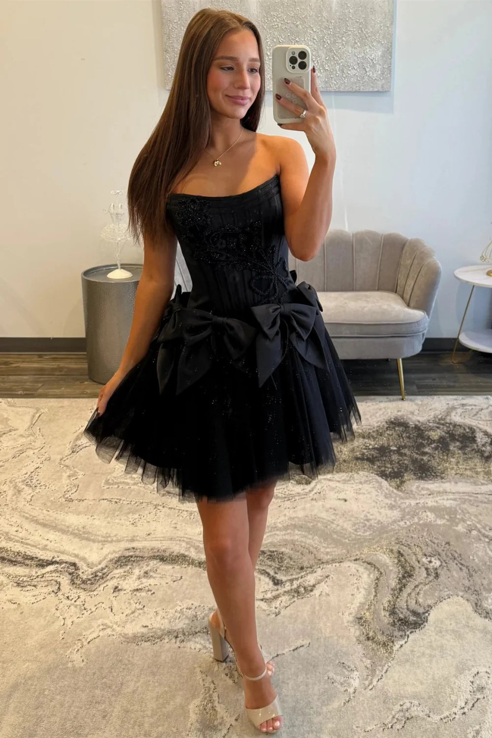 Black Strapless Corset Homecoming Dress With Tulle Skirt And Statement Bows AS344