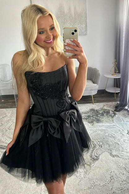 Black Strapless Corset Homecoming Dress With Tulle Skirt And Statement Bows AS344