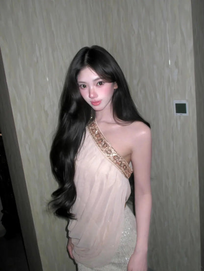 Elegant Blush Pink One Shoulder Beaded Sequin Bodycon Short Homecoming Dress Birthday Dress AS3444