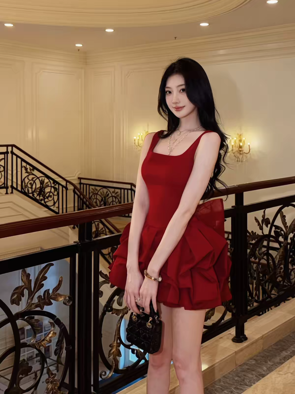 Glam Red Square Neck Strap Back Big Bow Ruffled A-Line Short Homecoming Dress Birthday Dress AS3445