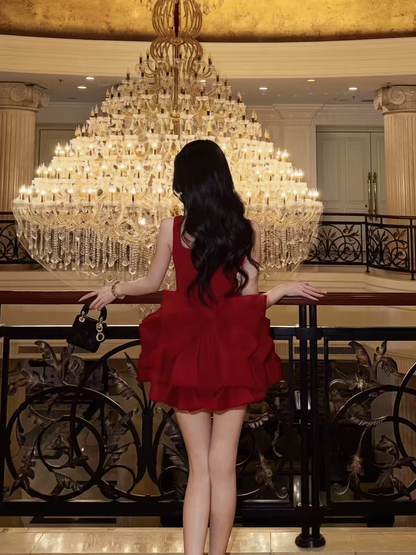 Glam Red Square Neck Strap Back Big Bow Ruffled A-Line Short Homecoming Dress Birthday Dress AS3445