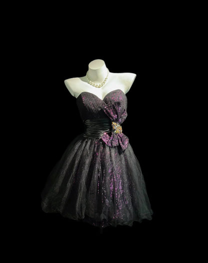 Glam Black Purple Glitter Strapless Sweetheart Bow Rhinestone A-Line Short Homecoming Dress Birthday Dress AS3446
