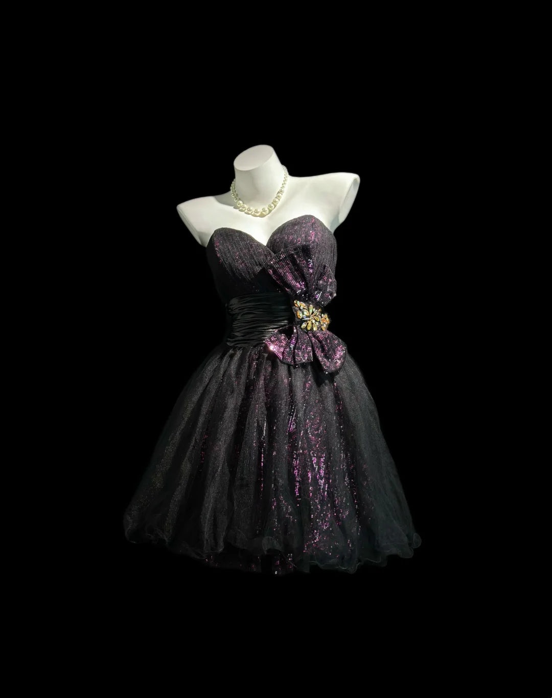 Glam Black Purple Glitter Strapless Sweetheart Bow Rhinestone A-Line Short Homecoming Dress Birthday Dress AS3446