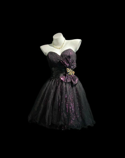 Glam Black Purple Glitter Strapless Sweetheart Bow Rhinestone A-Line Short Homecoming Dress Birthday Dress AS3446