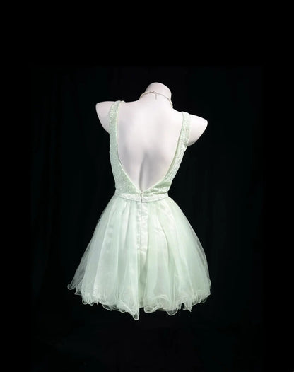 Fresh Pale Green Sleeveless Round Neck Lace A-Line Short Homecoming Dress Birthday Dress AS3448