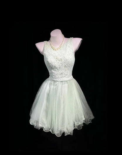 Fresh Pale Green Sleeveless Round Neck Lace A-Line Short Homecoming Dress Birthday Dress AS3448