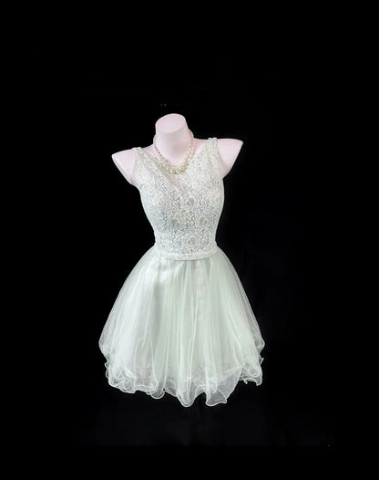 Fresh Pale Green Sleeveless Round Neck Lace A-Line Short Homecoming Dress Birthday Dress AS3448