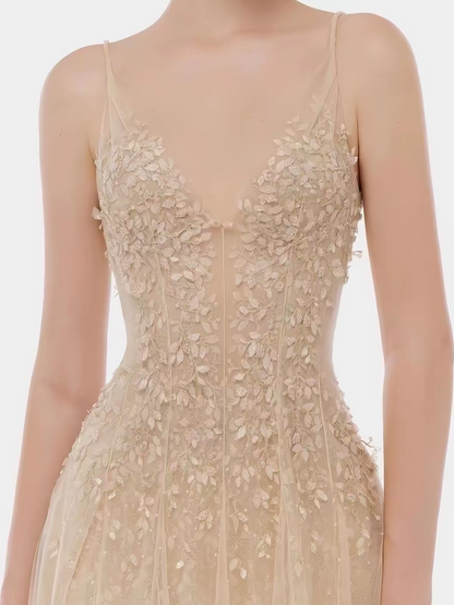 Luxury Champagne Spaghetti Straps V Neck Appliques Sheer Tulle A-Line Short Homecoming Dress Birthday Dress AS3449
