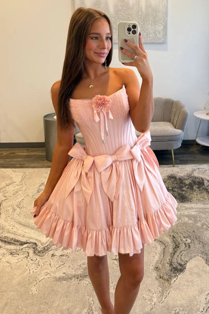 Sweet Pink Strapless Corset Homecoming Dress With Bows And Ruffle Hem AS345