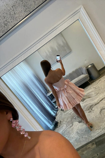 Sweet Pink Strapless Corset Homecoming Dress With Bows And Ruffle Hem AS345