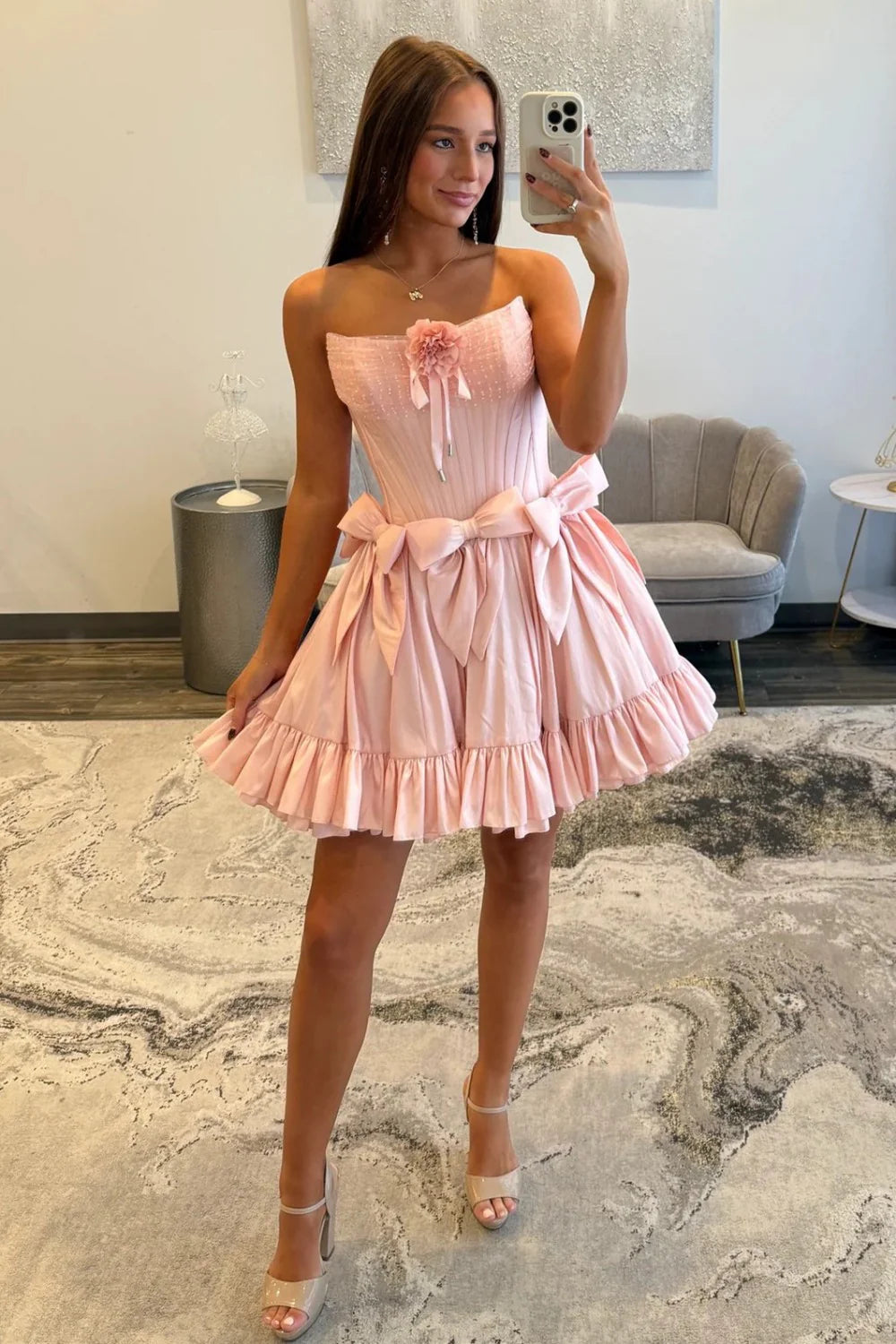 Sweet Pink Strapless Corset Homecoming Dress With Bows And Ruffle Hem AS345