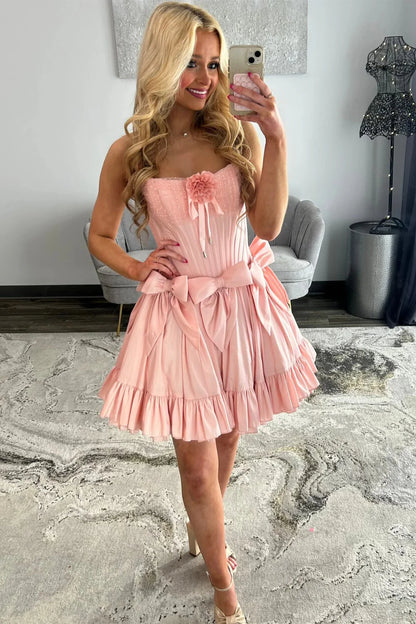 Sweet Pink Strapless Corset Homecoming Dress With Bows And Ruffle Hem AS345