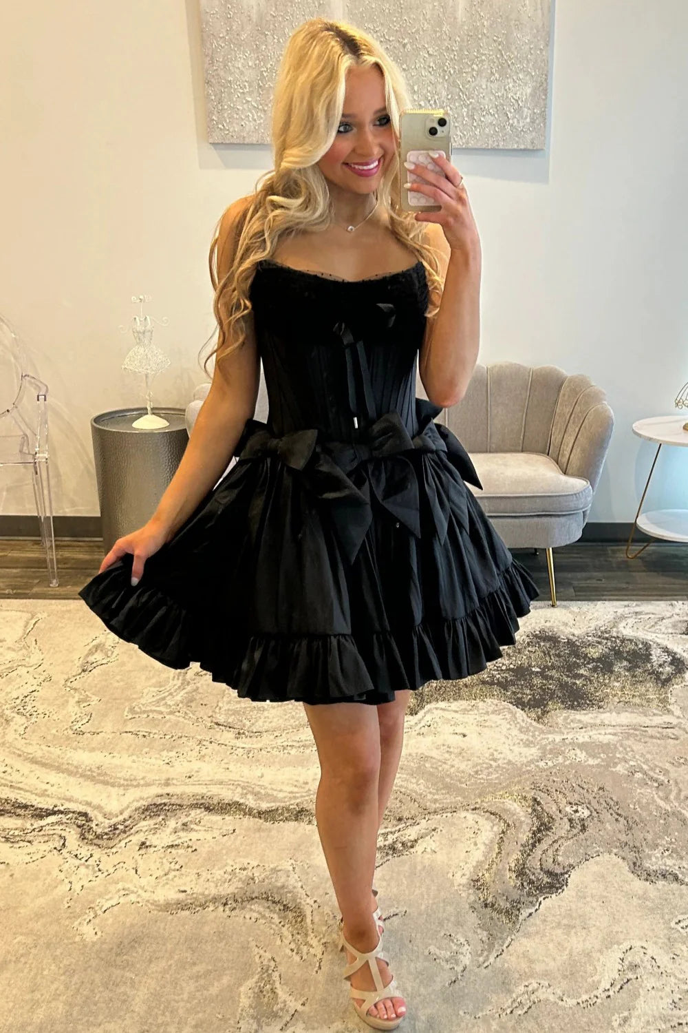 Sweet Pink Strapless Corset Homecoming Dress With Bows And Ruffle Hem AS345