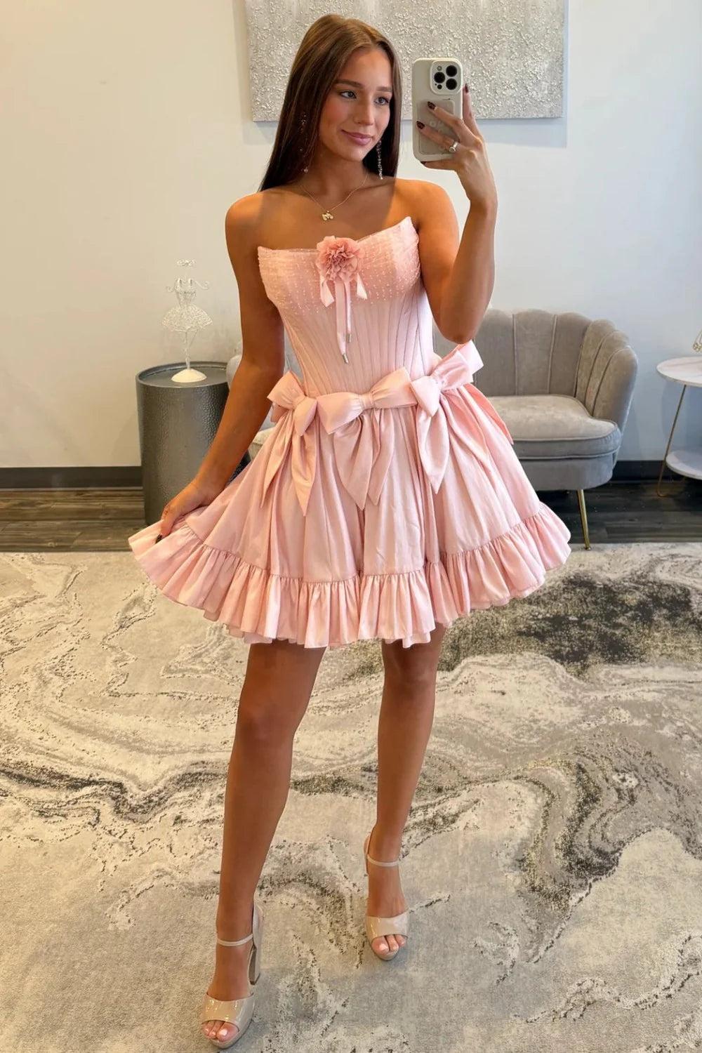 Sweet Pink Strapless Corset Homecoming Dress With Bows And Ruffle Hem AS345
