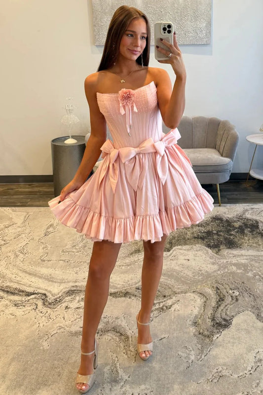 Sweet Pink Strapless Corset Homecoming Dress With Bows And Ruffle Hem AS345