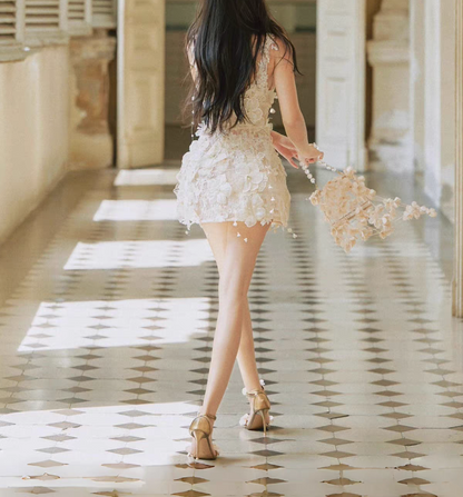 Delicate Ivory 3D Floral Lace Applique Spaghetti Strap A Line Short Homecoming Dress Birthday Dress AS3450