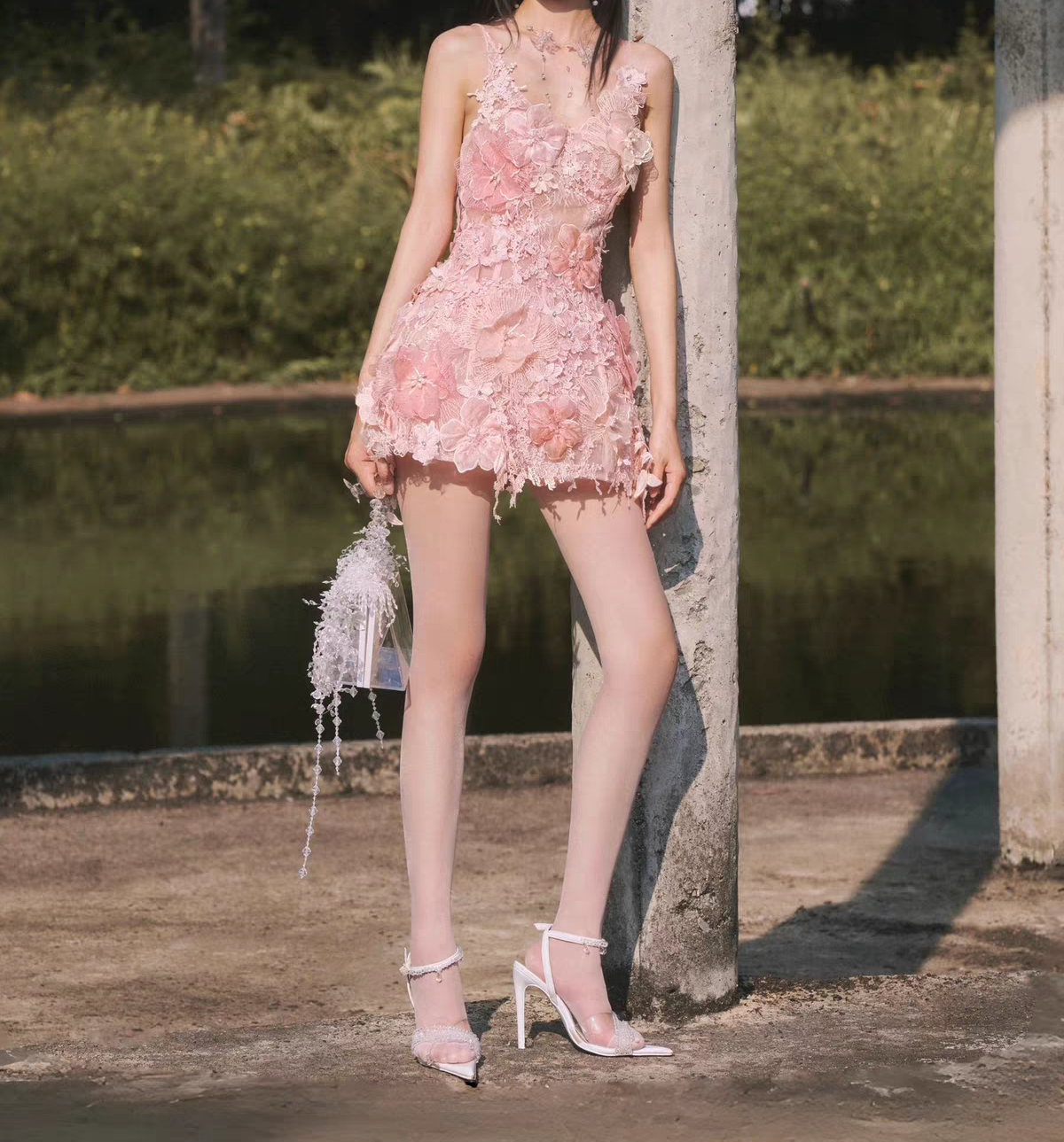 Delicate Ivory 3D Floral Lace Applique Spaghetti Strap A Line Short Homecoming Dress Birthday Dress AS3450