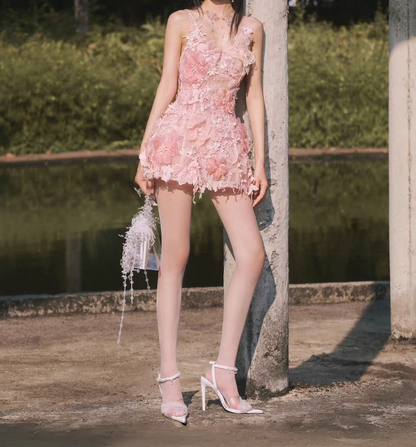 Delicate Ivory 3D Floral Lace Applique Spaghetti Strap A Line Short Homecoming Dress Birthday Dress AS3450