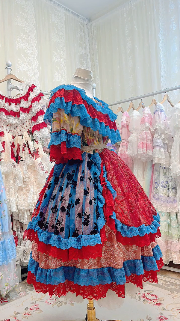 Vibrant Red Blue Off Shoulder Ruffled Lace Tiered A Line Midi Homecoming Dress Birthday Dress AS3451