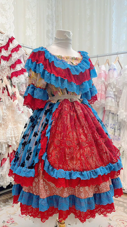 Vibrant Red Blue Off Shoulder Ruffled Lace Tiered A Line Midi Homecoming Dress Birthday Dress AS3451