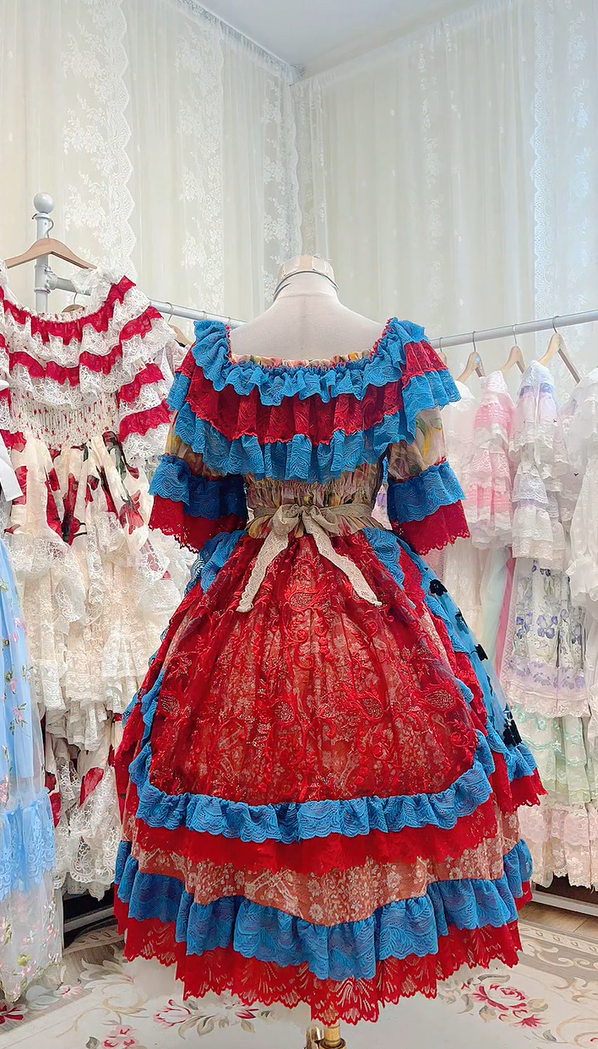 Vibrant Red Blue Off Shoulder Ruffled Lace Tiered A Line Midi Homecoming Dress Birthday Dress AS3451