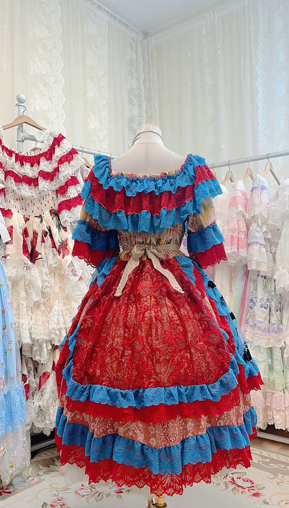 Vibrant Red Blue Off Shoulder Ruffled Lace Tiered A Line Midi Homecoming Dress Birthday Dress AS3451