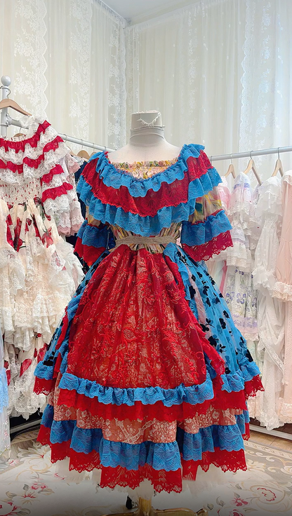 Vibrant Red Blue Off Shoulder Ruffled Lace Tiered A Line Midi Homecoming Dress Birthday Dress AS3451