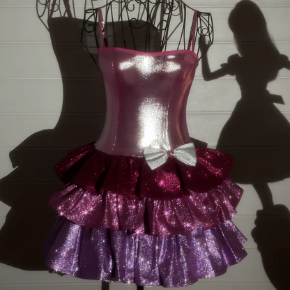 Chic Magenta Spaghetti Straps Glitter Tiered Ruffle Bow A Line Short Homecoming Dress Birthday Dress AS3453