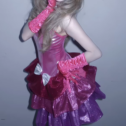 Chic Magenta Spaghetti Straps Glitter Tiered Ruffle Bow A Line Short Homecoming Dress Birthday Dress AS3453