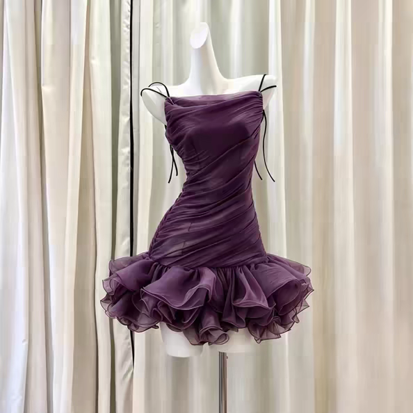 Romantic Pink Spaghetti Strap Ruched Ruffle Hem Bodycon Short Homecoming Dress Birthday Dress AS3454