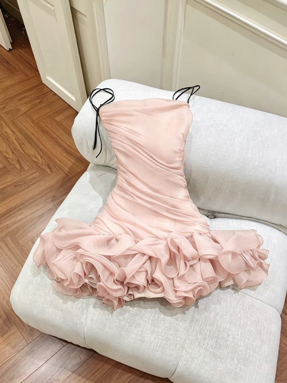 Romantic Pink Spaghetti Strap Ruched Ruffle Hem Bodycon Short Homecoming Dress Birthday Dress AS3454