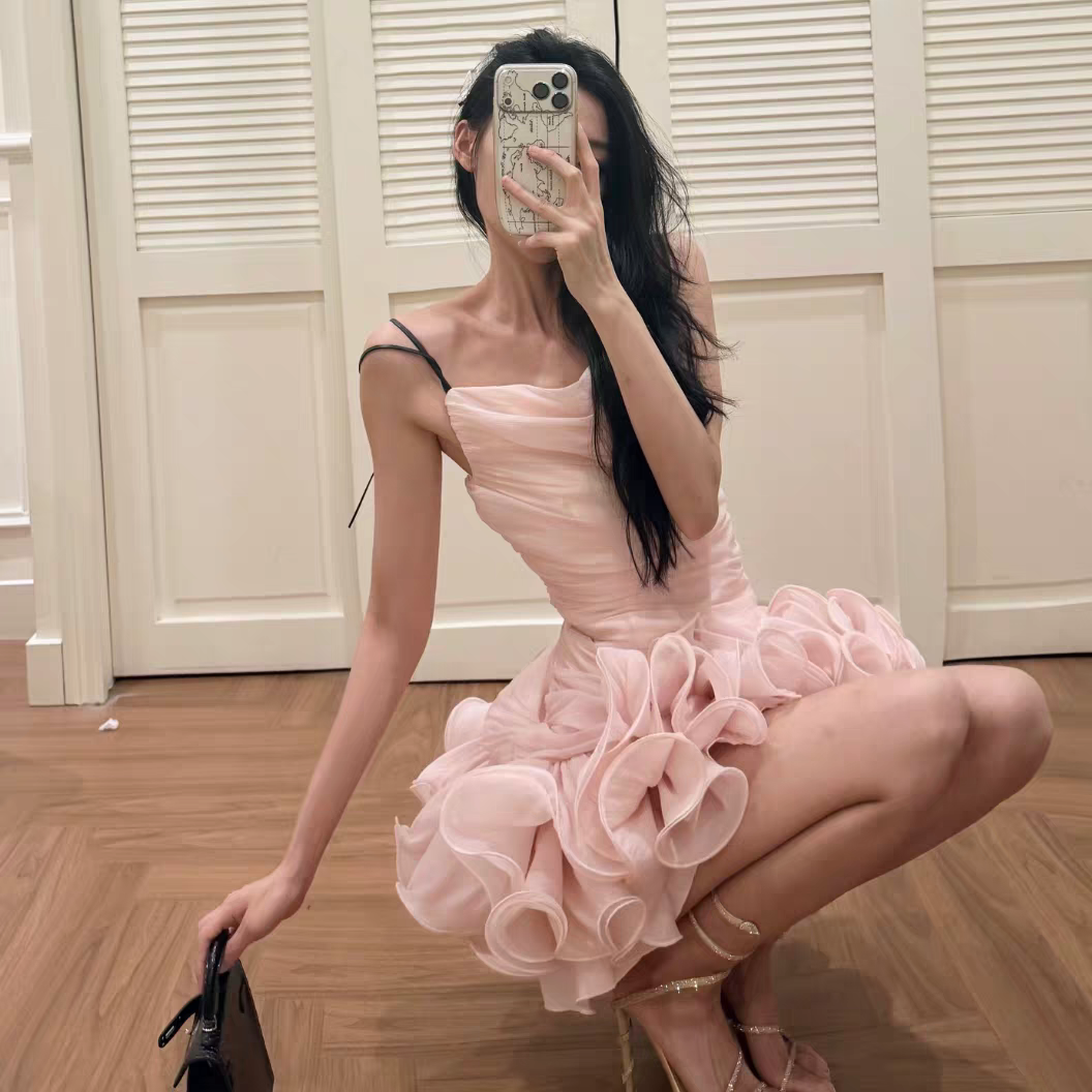 Romantic Pink Spaghetti Strap Ruched Ruffle Hem Bodycon Short Homecoming Dress Birthday Dress AS3454