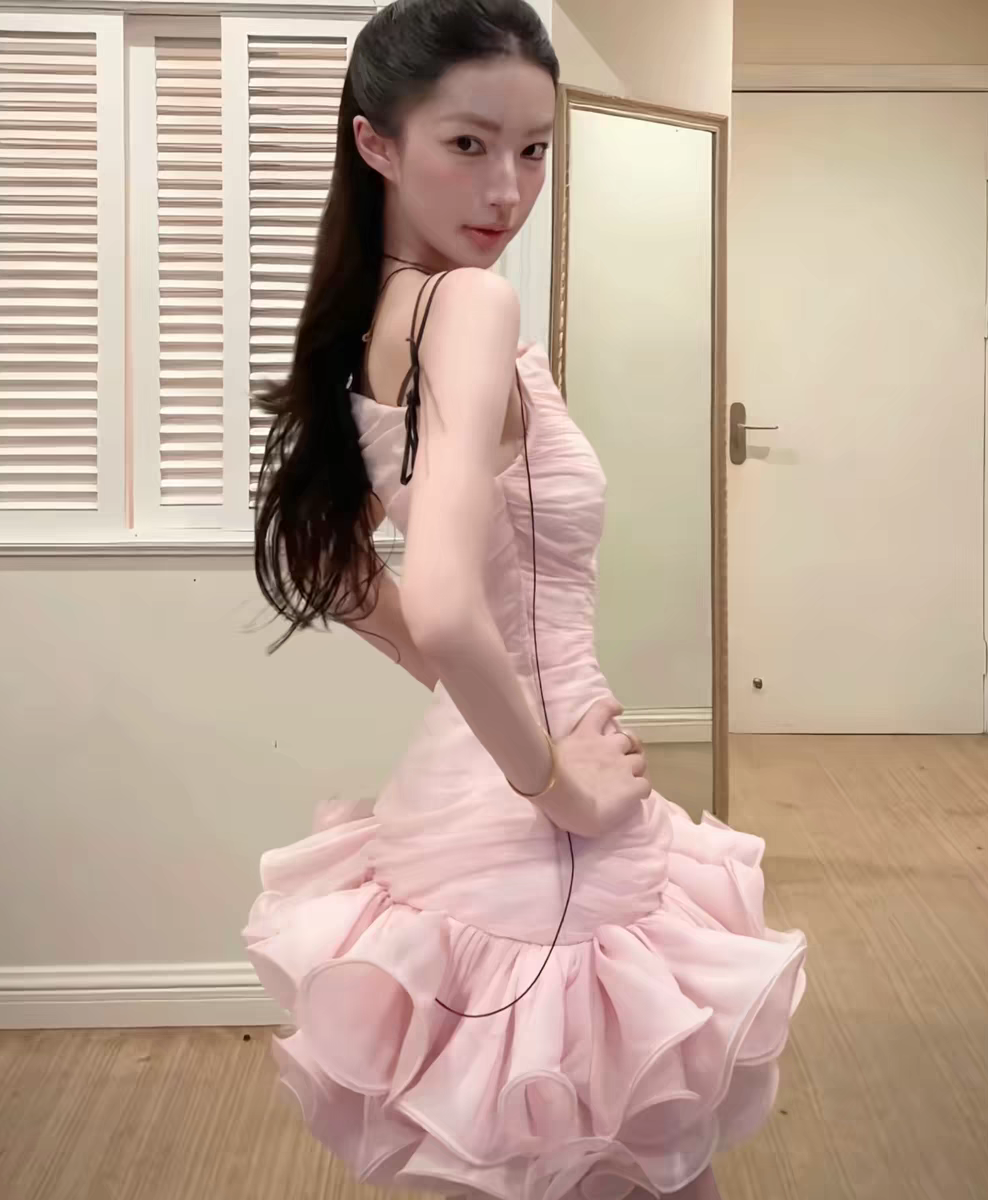 Romantic Pink Spaghetti Strap Ruched Ruffle Hem Bodycon Short Homecoming Dress Birthday Dress AS3454