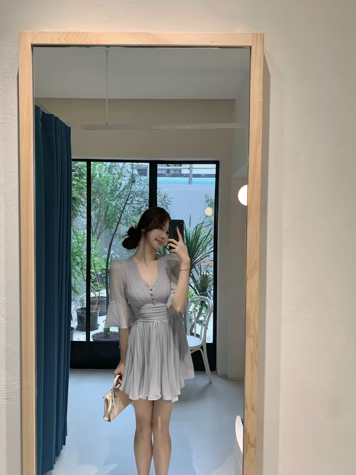 Chic Grey V-Neck Half Sleeve Ruched Waist Pleated Chiffon A Line Short Homecoming Dress Birthday Dress AS3455