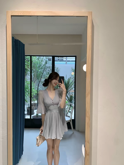 Chic Grey V-Neck Half Sleeve Ruched Waist Pleated Chiffon A Line Short Homecoming Dress Birthday Dress AS3455