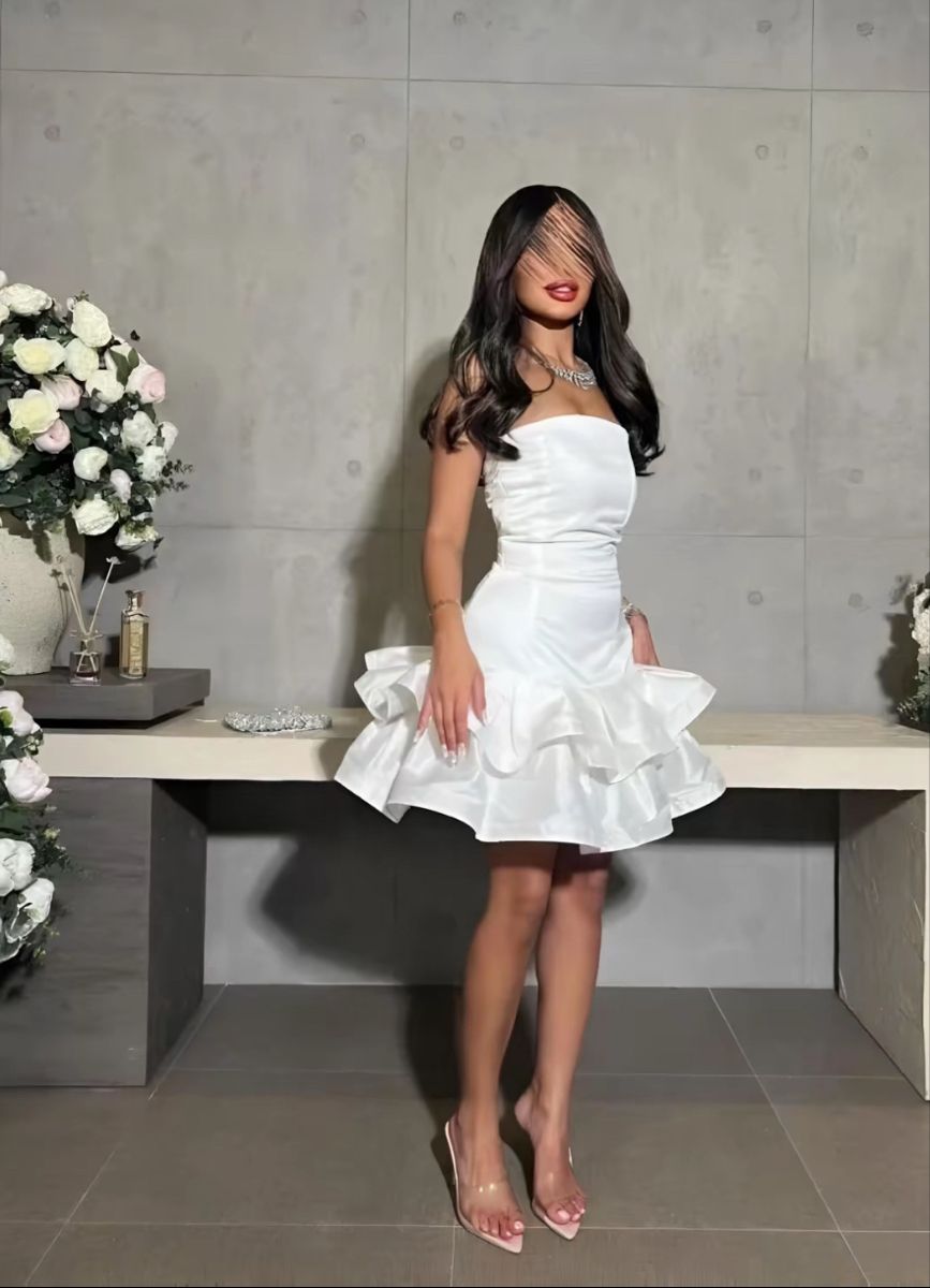Elegant White Strapless Tiered Ruffle Hem Bodycon Short Homecoming Dress Birthday Dress AS3458